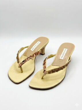Conquette Ann Marino Yellow Embellished Mid-Heel Thong Kitten Sandal